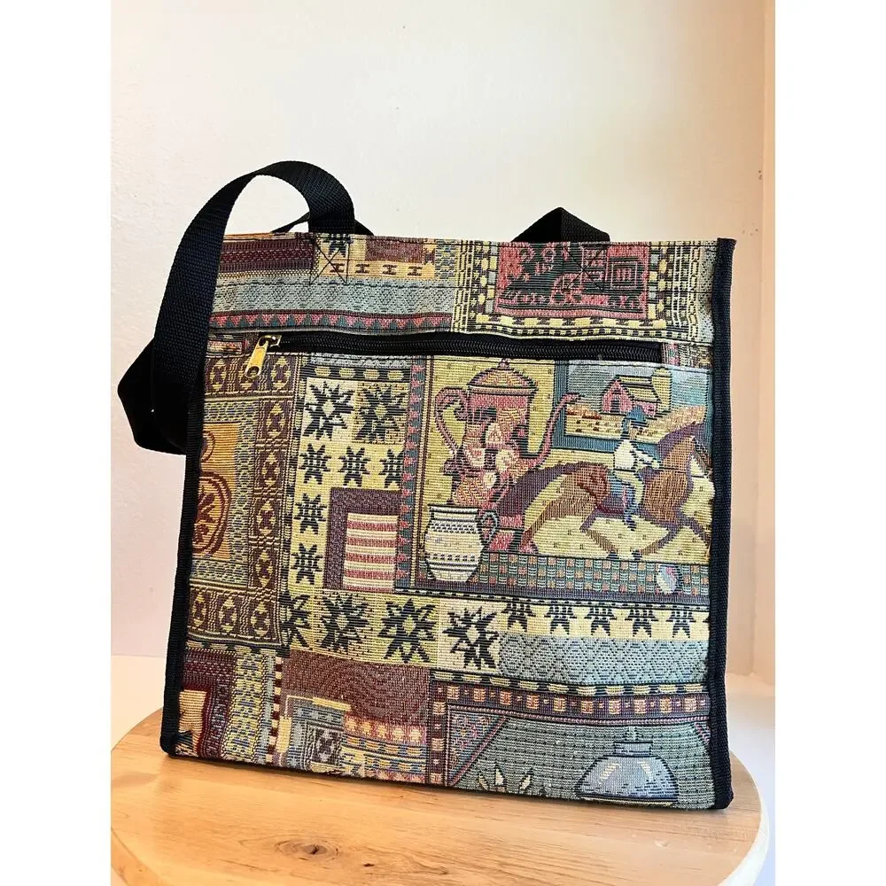 Vintage Woven Tapestry Tote Two Handle Medium Bag